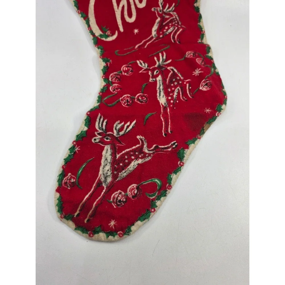 Vintage Mid Century Merry Christmas Stocking Reindeer Santa Kitten Personalized